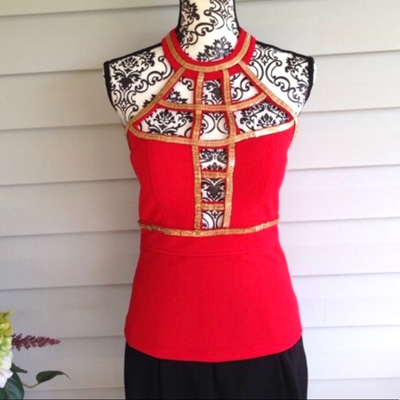 Nov Tops - Red & Gold Birdcage Nov Blouse Medium